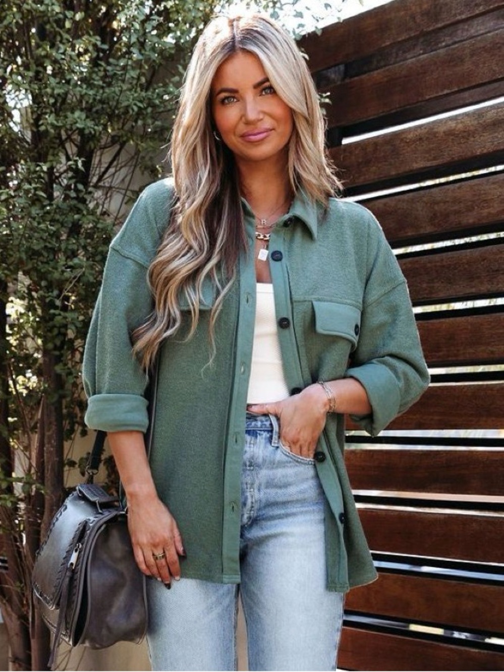 Vici Olive Green Button-Front Utility Shacket